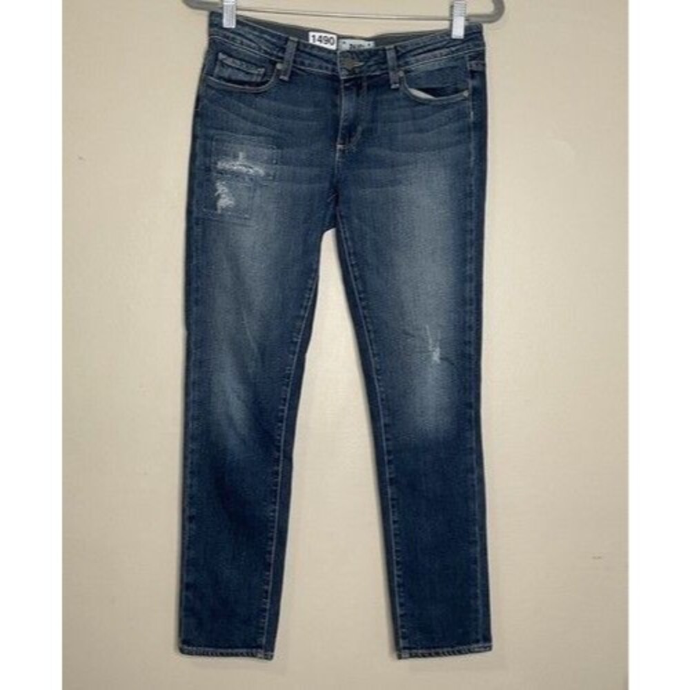 Paige Skyline Ankle Peg Mid Rise Stretch Distressed Denim Jeans Women Size 27